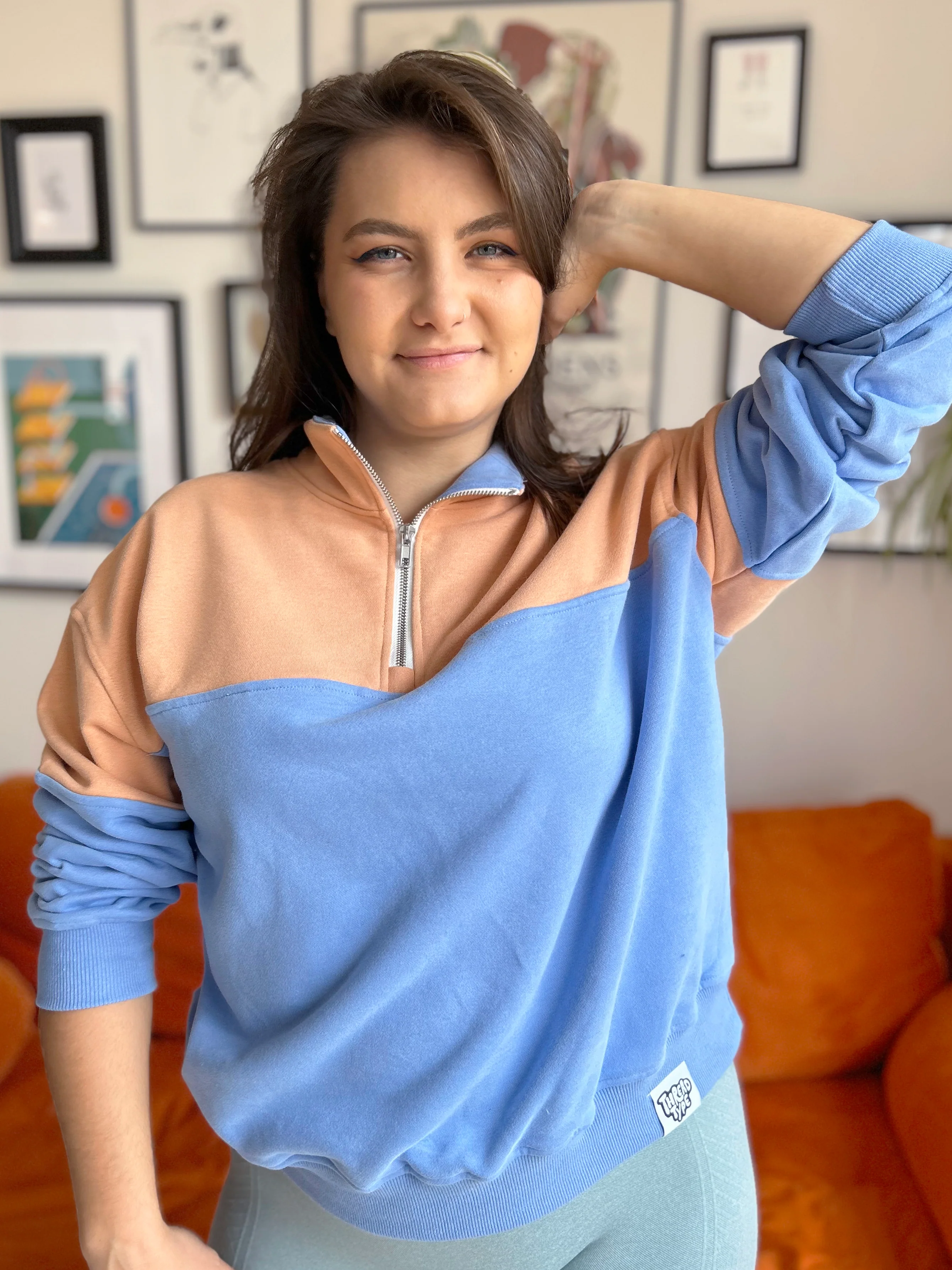 Colour Block Peach and Sky Blue Quarter Zip Pullover Sweatshirt - Image 3