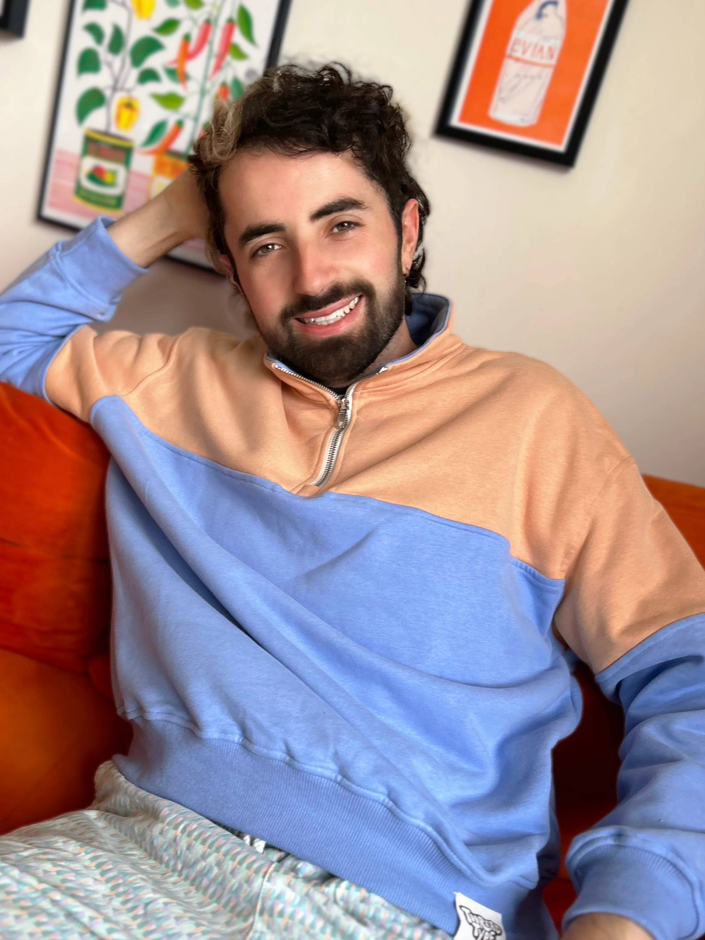 Colour Block Peach and Sky Blue Quarter Zip Pullover Sweatshirt - Image 4