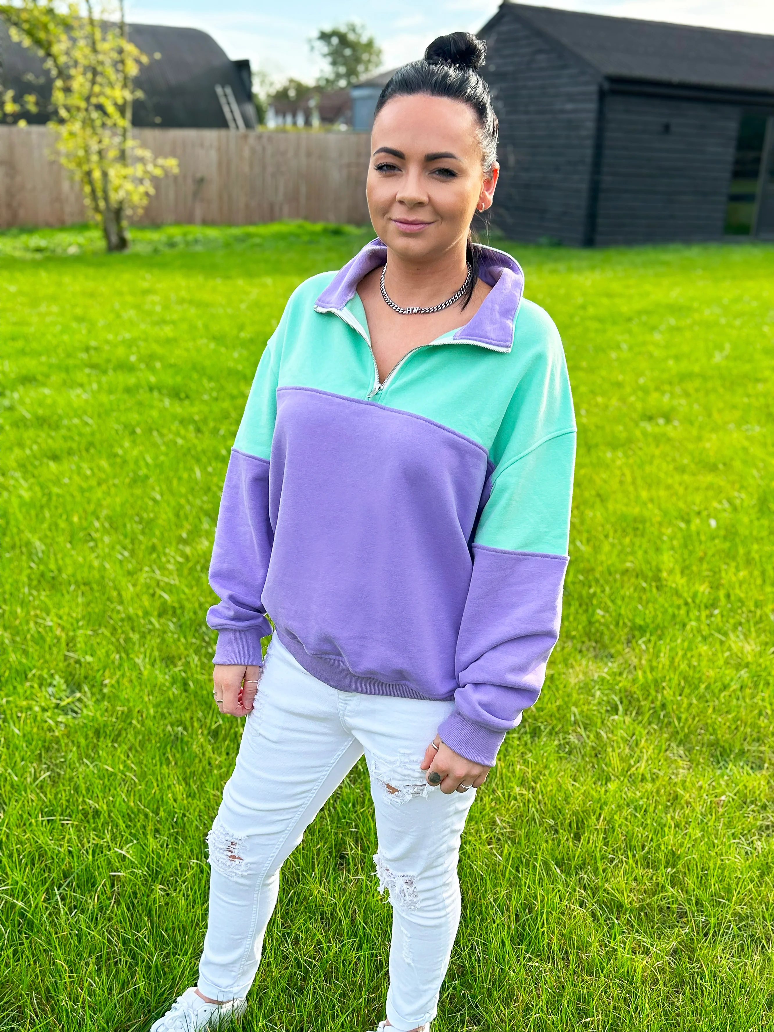 Colour Block Purple and Mint Green Quarter Zip Pullover Sweatshirt - Image 3