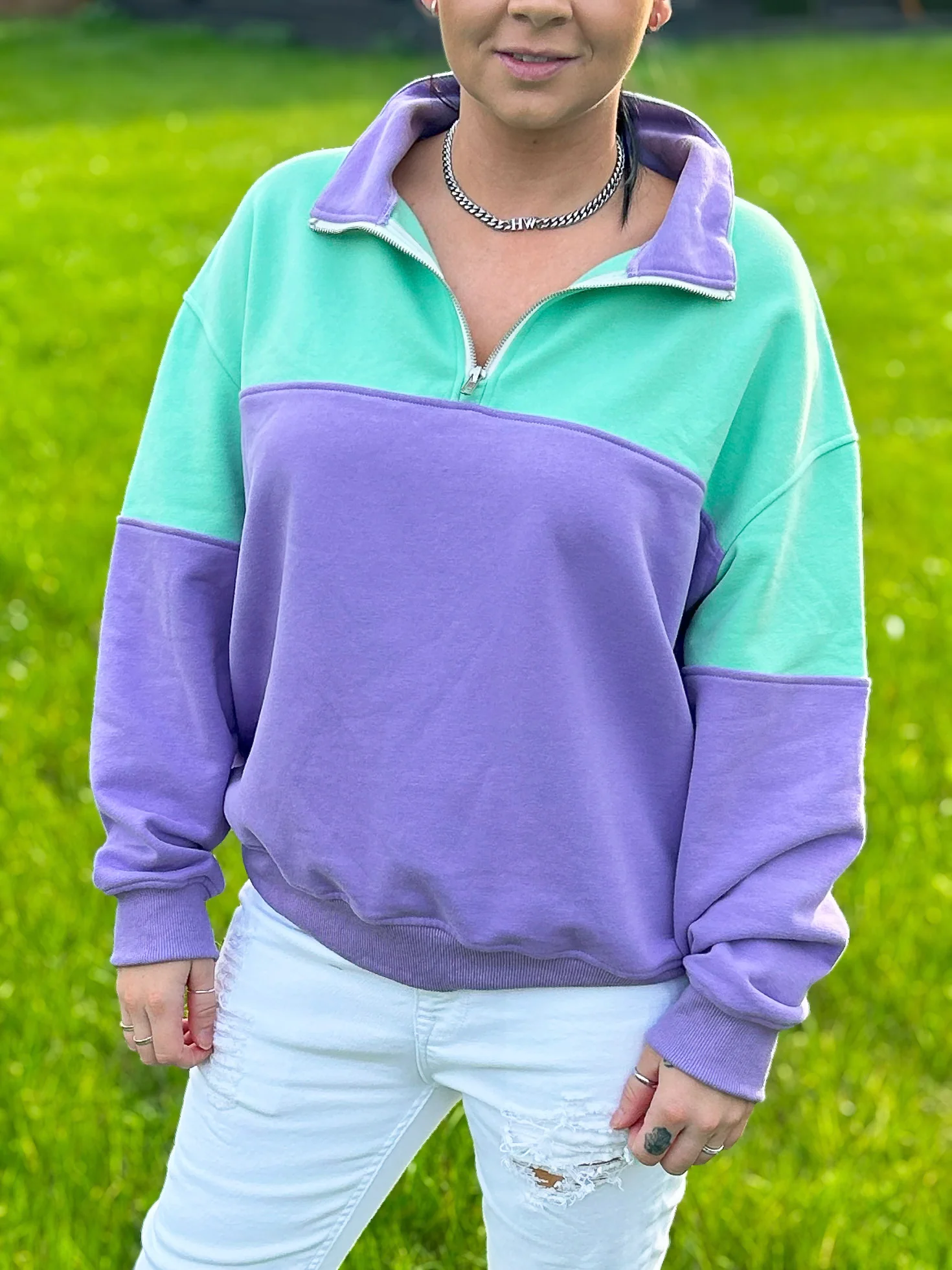 Colour Block Purple and Mint Green Quarter Zip Pullover Sweatshirt - Image 4