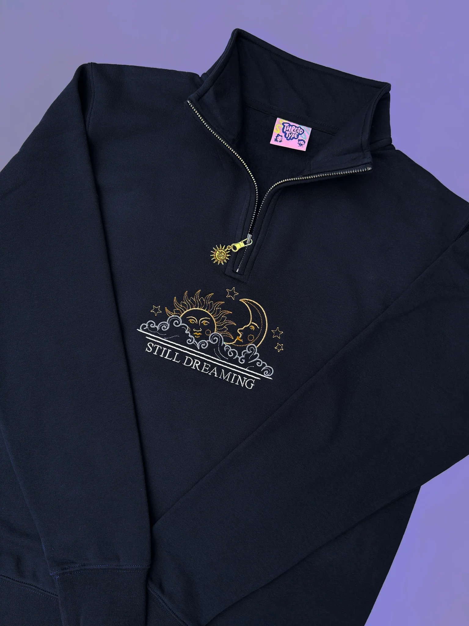 90s Sun & Moon Embroidered Quarter Zip Pullover Sweatshirt - Image 4